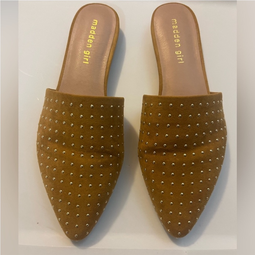 Madden Girl Tan Studded Mules